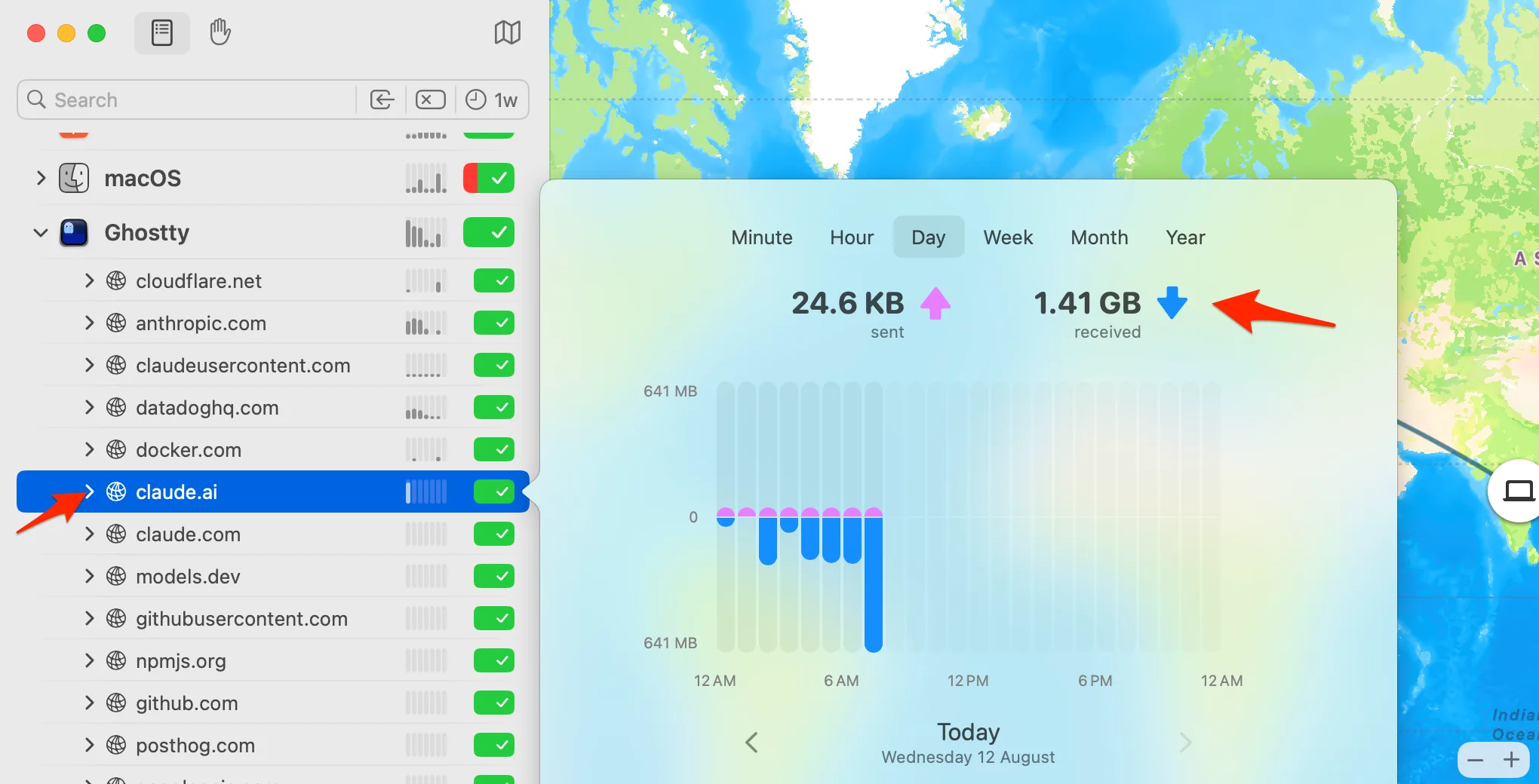 Little Snitch showing 1.41 GB received from claude.ai just after connecting to the internet